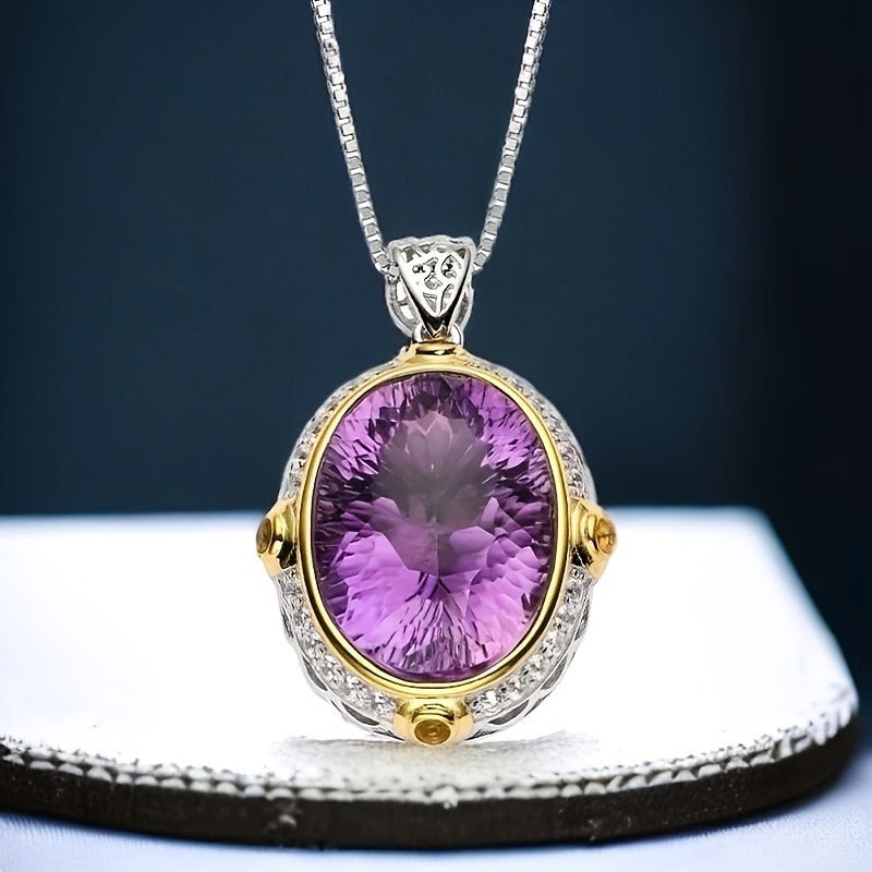 Oval-Shaped Natural Amethyst Pendant Necklace - Exquisite S925 Silver Clavicle Chain