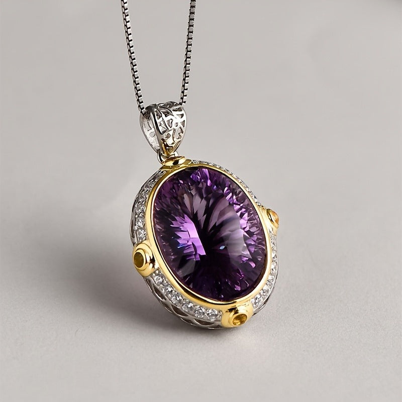 Oval-Shaped Natural Amethyst Pendant Necklace - Exquisite S925 Silver Clavicle Chain