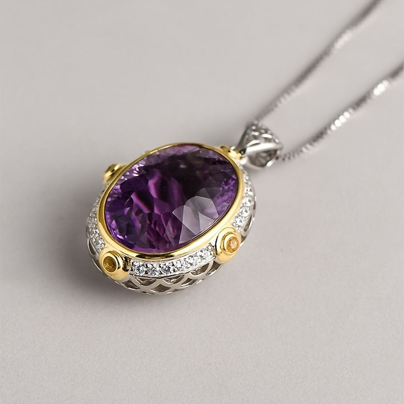 Oval-Shaped Natural Amethyst Pendant Necklace - Exquisite S925 Silver Clavicle Chain