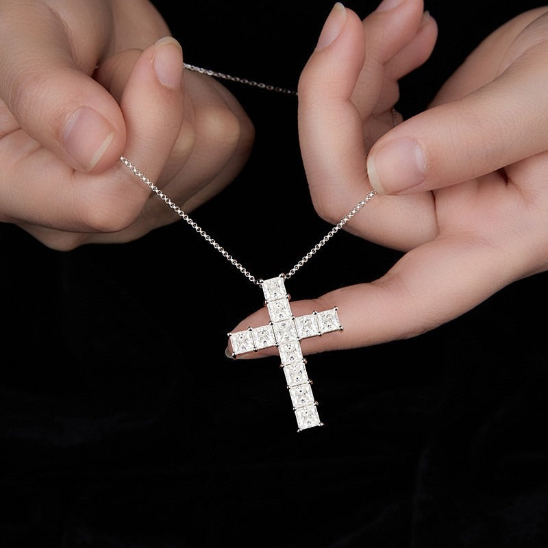 Princess-Cut 5x5mm Moissanite Cross Pendant Necklace, 925 Sterling Silver, 3 Colors Available, Elegant Religious Jewelry for Women and Men