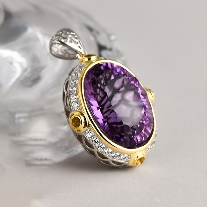 Oval-Shaped Natural Amethyst Pendant Necklace - Exquisite S925 Silver Clavicle Chain