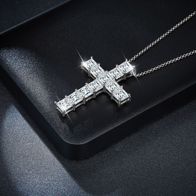 Princess-Cut 5x5mm Moissanite Cross Pendant Necklace, 925 Sterling Silver, 3 Colors Available, Elegant Religious Jewelry for Women and Men