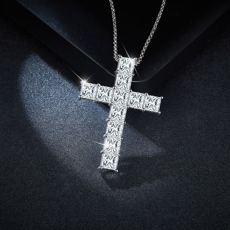 Princess-Cut 5x5mm Moissanite Cross Pendant Necklace, 925 Sterling Silver, 3 Colors Available, Elegant Religious Jewelry for Women and Men