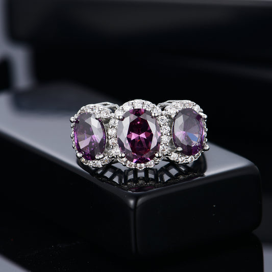 Three Stone Amethyst Silver Ring