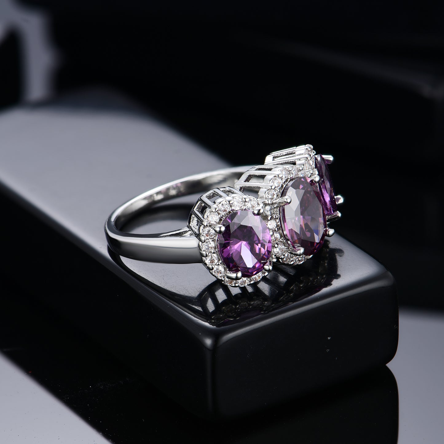 Three Stone Amethyst Silver Ring