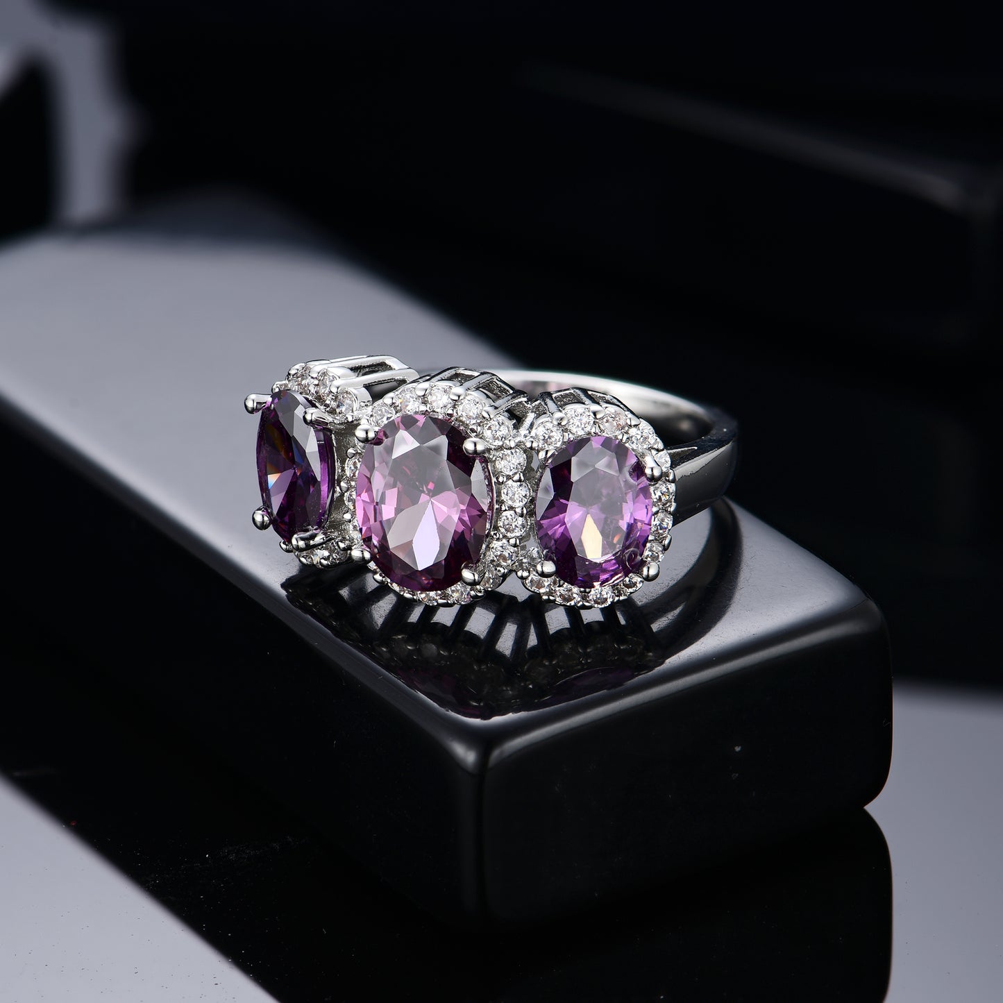 Three Stone Amethyst Silver Ring