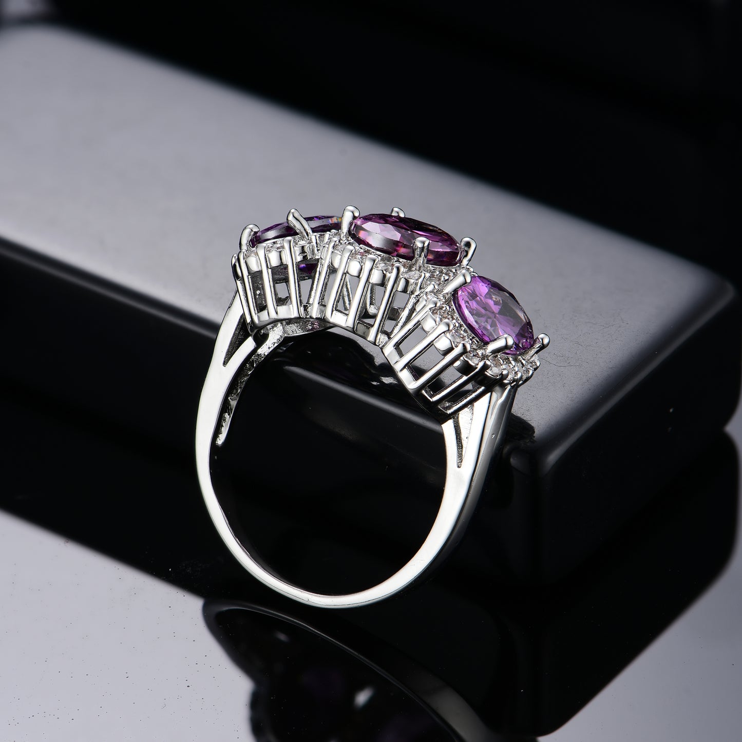 Three Stone Amethyst Silver Ring