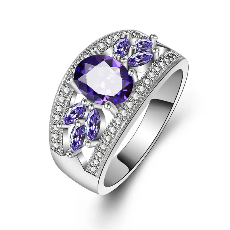 Fashion 925 Silver Color Female Rings Flower Shaped Amethyst Wedding Sterling Plata Ring for Women Girls Nice Gift for Birthday