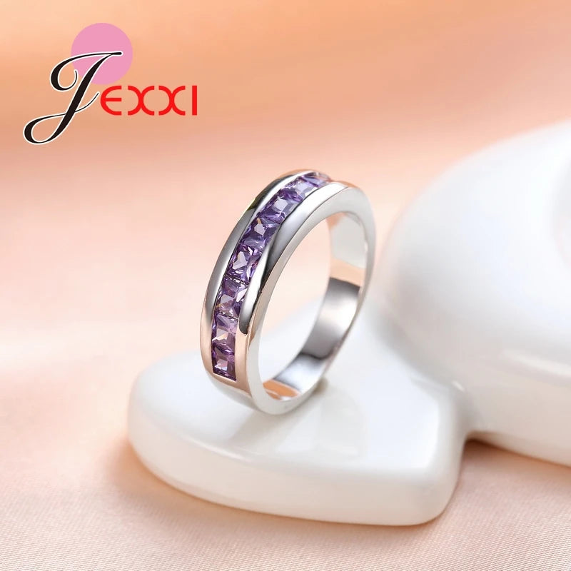 Trendy Girls 925 Sterling Silver Rings For Women Wedding Purple Crystal Women Finger Ring Amethyst Engagement