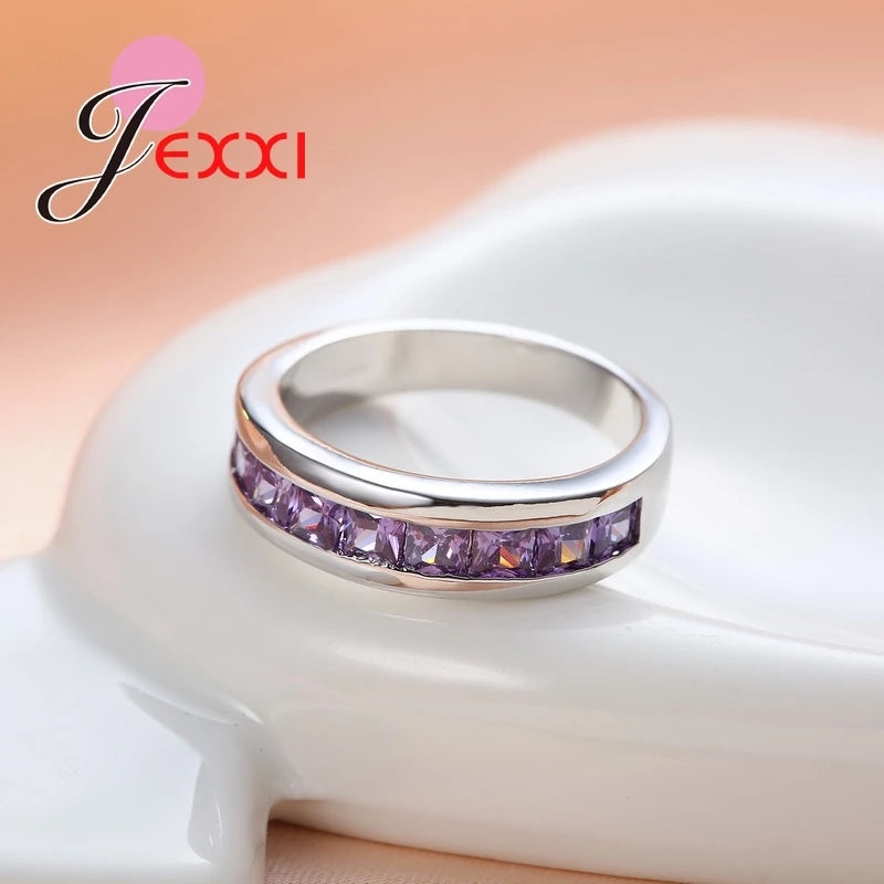 Trendy Girls 925 Sterling Silver Rings For Women Wedding Purple Crystal Women Finger Ring Amethyst Engagement