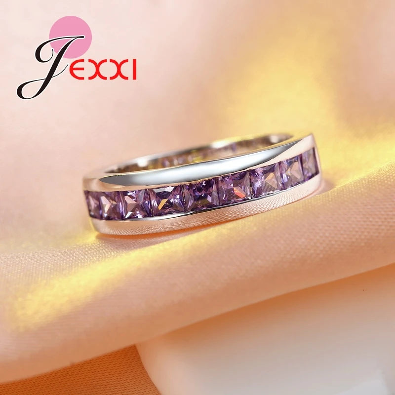 Trendy Girls 925 Sterling Silver Rings For Women Wedding Purple Crystal Women Finger Ring Amethyst Engagement