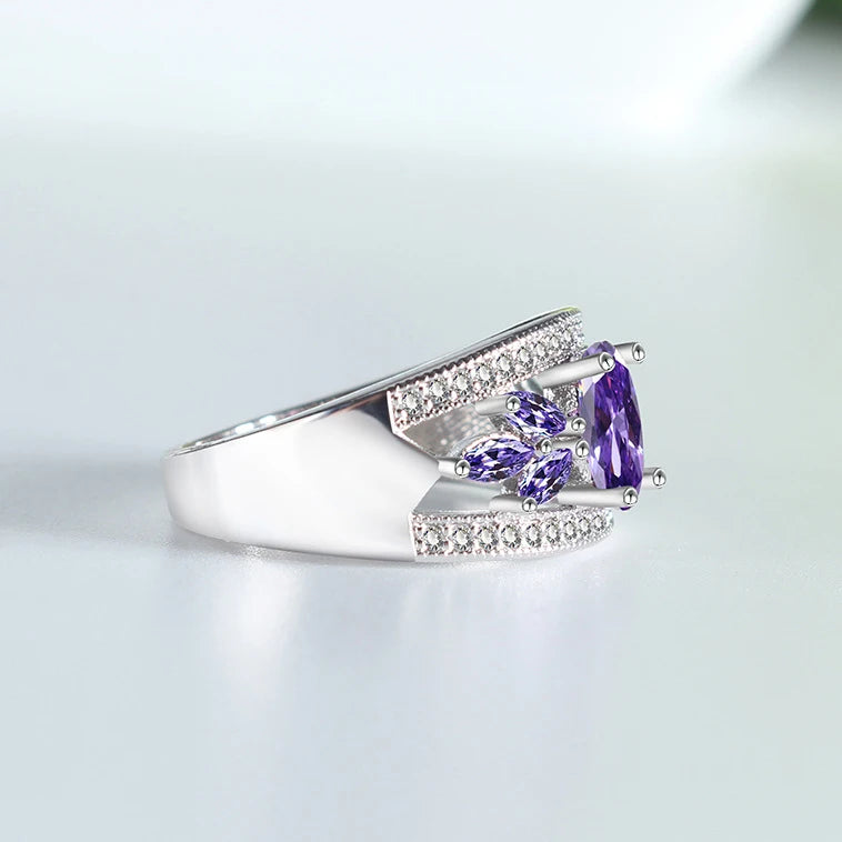 Fashion 925 Silver Color Female Rings Flower Shaped Amethyst Wedding Sterling Plata Ring for Women Girls Nice Gift for Birthday