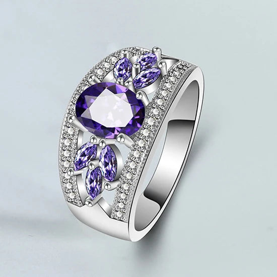 Fashion 925 Silver Color Female Rings Flower Shaped Amethyst Wedding Sterling Plata Ring for Women Girls Nice Gift for Birthday