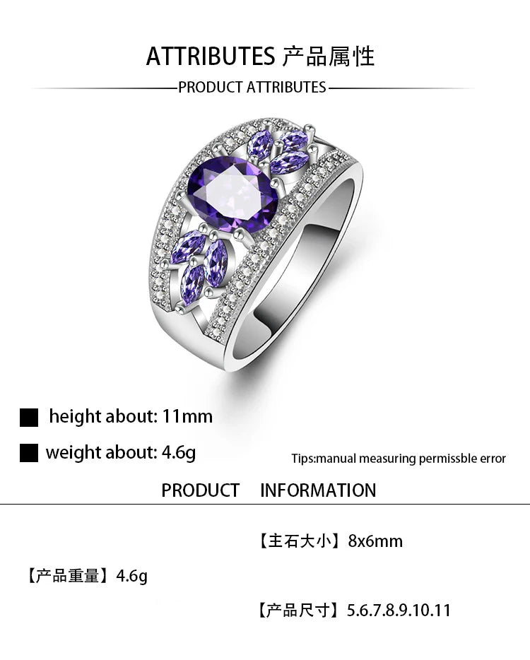 Fashion 925 Silver Color Female Rings Flower Shaped Amethyst Wedding Sterling Plata Ring for Women Girls Nice Gift for Birthday