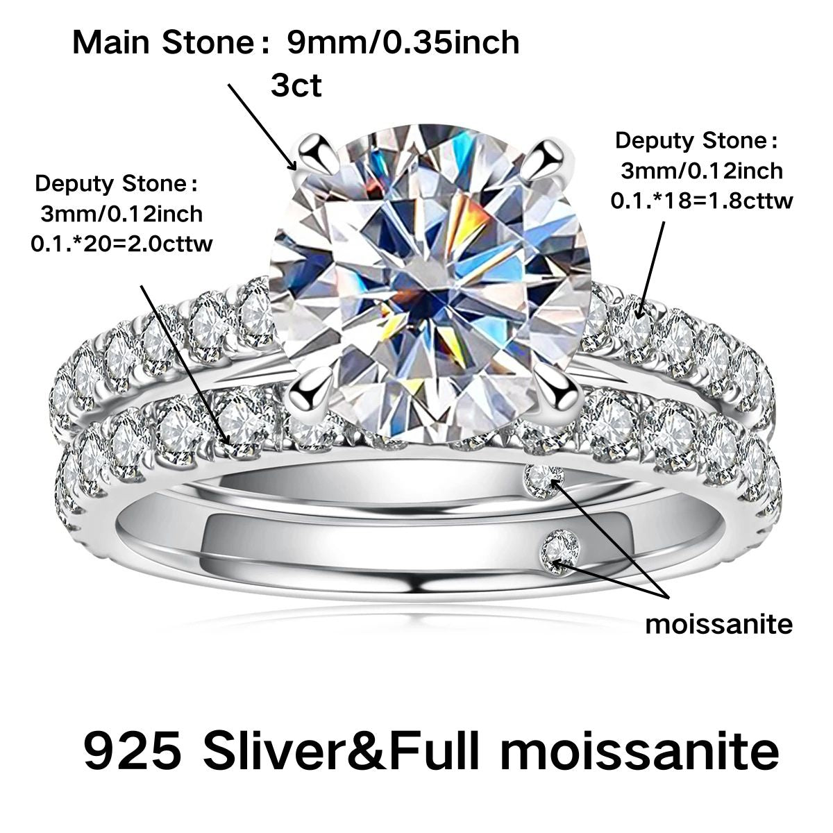 Full Moissanite Bridal Rings Set Moissanite Engagement Ring 925 Sterling Silver