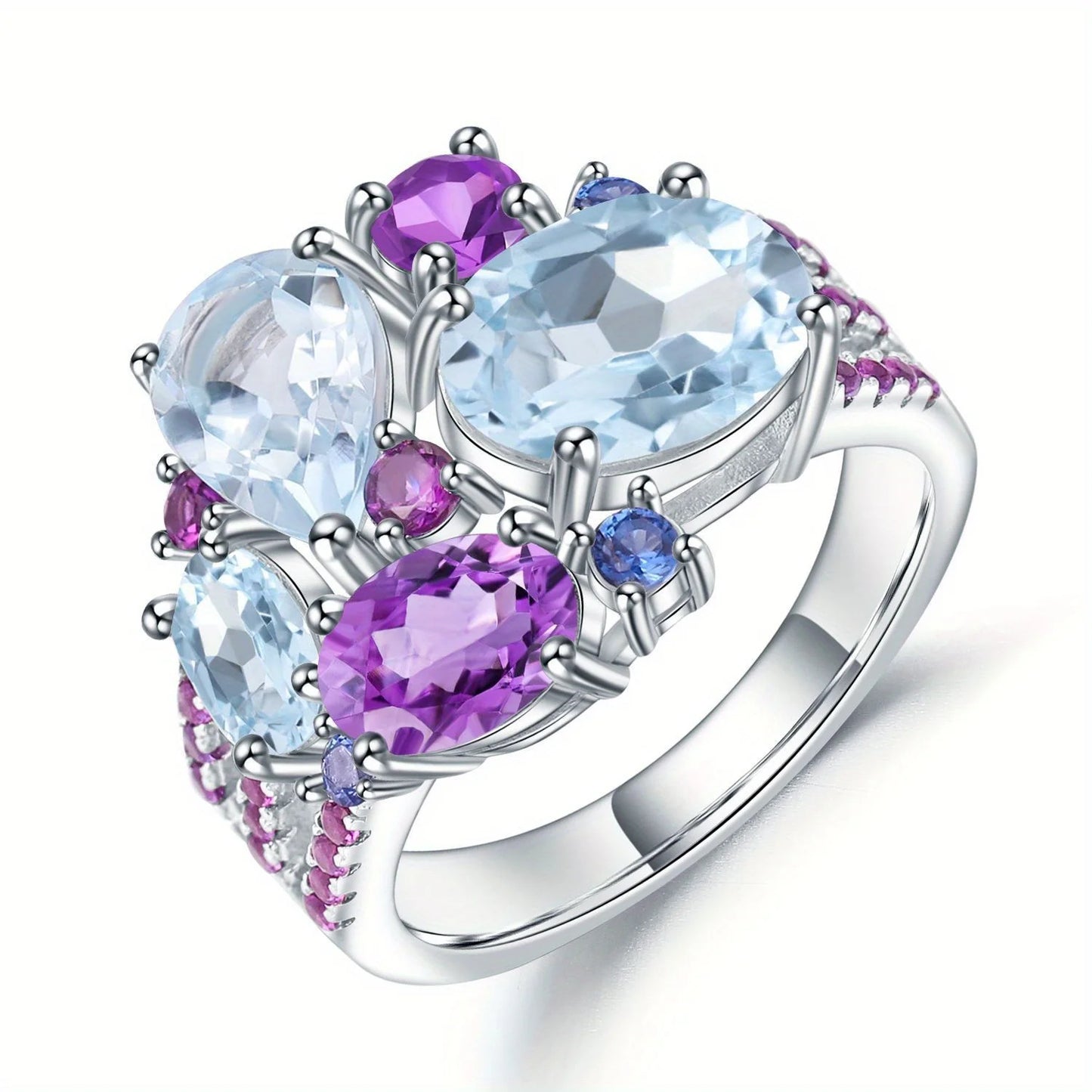 BRIOUS - Colored Gemstone Ring with Natural Topaz and Iolite, 925 Sterling Silver 18k Gold Plated Rings For Women