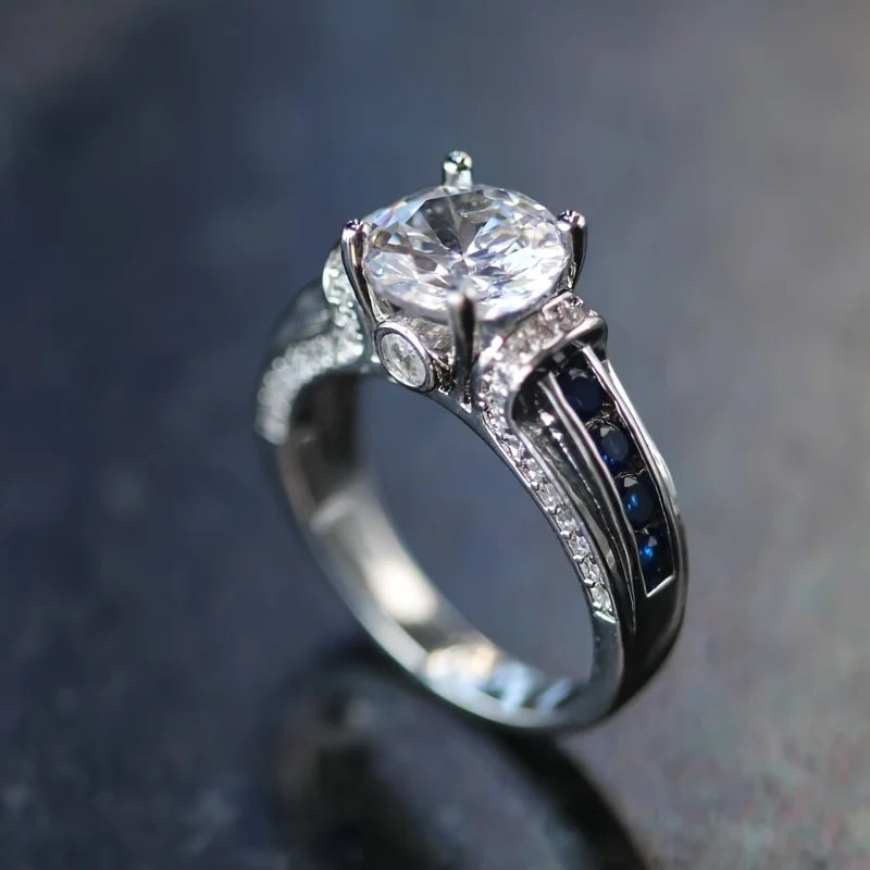 3 Carat Moissanite Ring with Blue Zircon Design Set on The Edge, S925 Silver, Suitable for Daily Wear