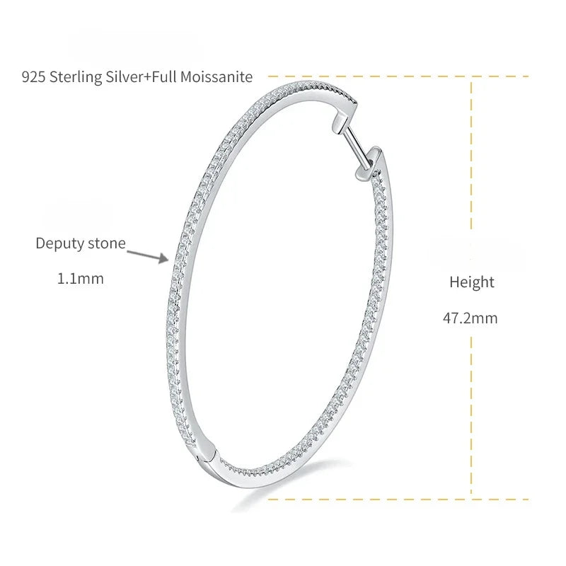 47/30mm Diameter Circle Earring, Full Circle Moissanite Hip Hop Earrings, 1.1mm Round Moissanite Luxury Earrings For Women