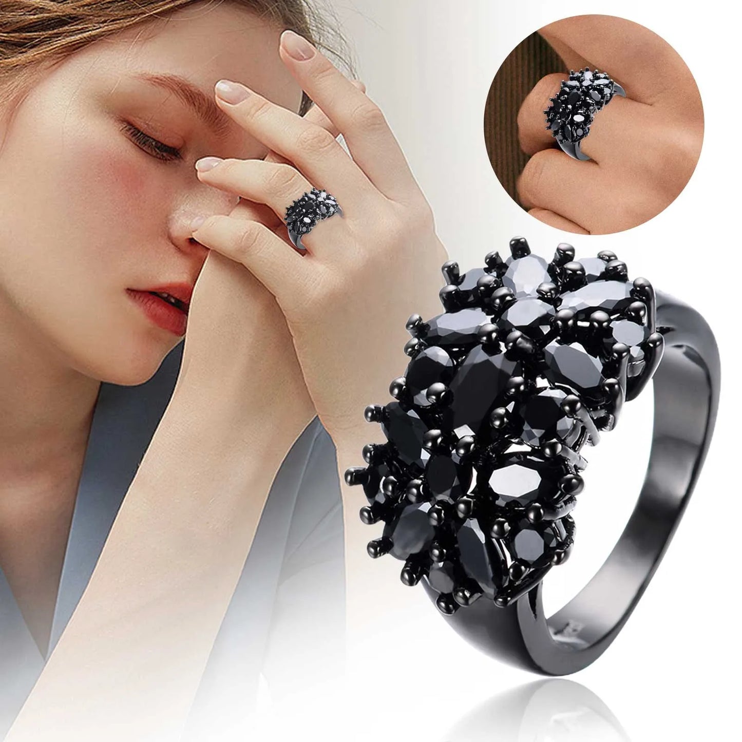 Black Fashion Flower Crystal Oval Ring Size 5 10 Jewelry Gift For Women Girl Birthday Valentine's Day Womens Fashion Rings