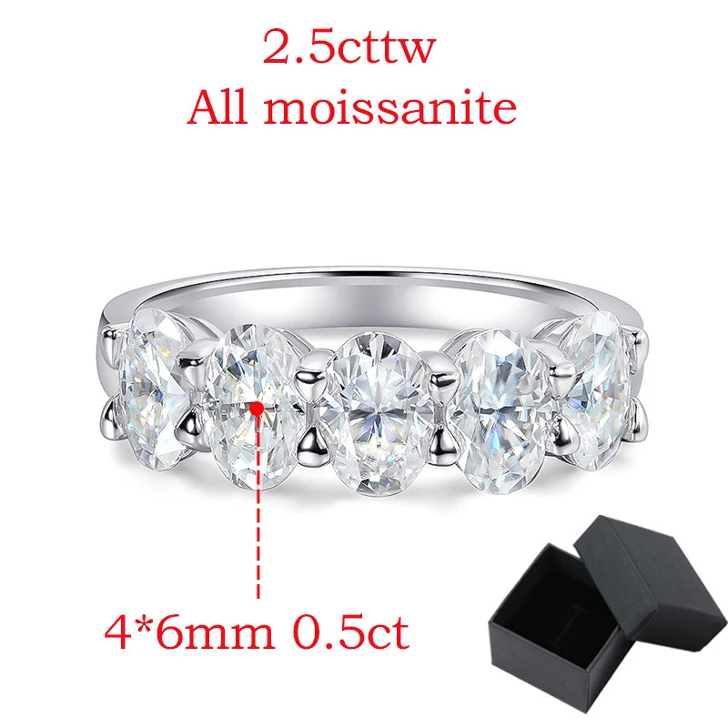 Smyoue 4*6mm Oval Cut Full Moissanite Ring for Women 5 Stone Lab Diamond Half Eternity Band Luxury Jewelry 925 Sterling Silver