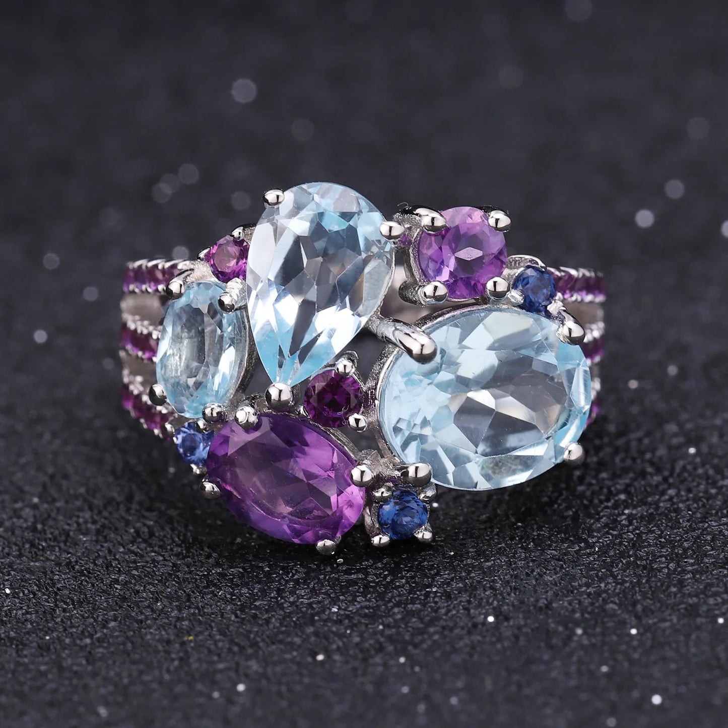 BRIOUS - Colored Gemstone Ring with Natural Topaz and Iolite, 925 Sterling Silver 18k Gold Plated Rings For Women