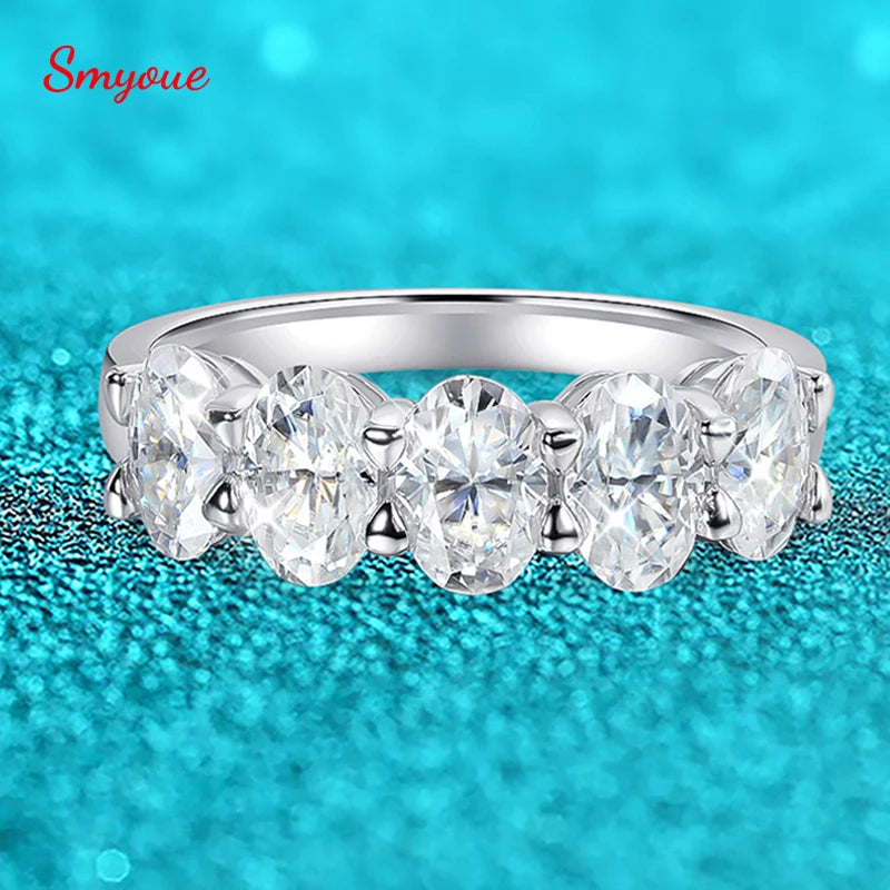 Smyoue 4*6mm Oval Cut Full Moissanite Ring for Women 5 Stone Lab Diamond Half Eternity Band Luxury Jewelry 925 Sterling Silver