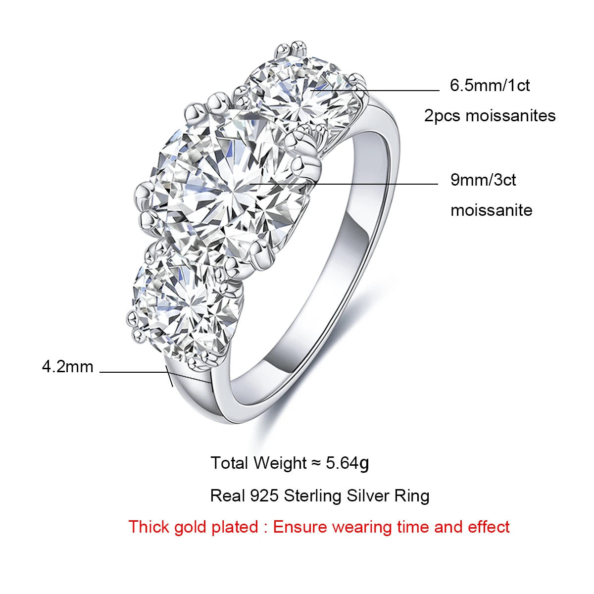 5cttw D Color Moissanite Luxury Three Stone Engagement Ring 925 Silver Rings 18K Gold Plated