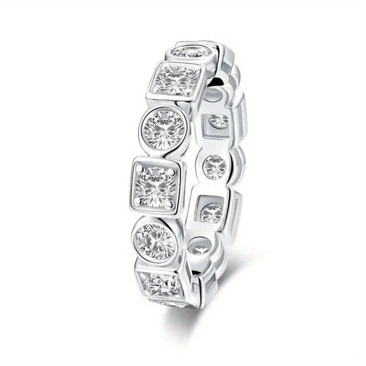 Classic Unisex Moissanite Ring,  Interlaced Square and Round Designs, S925 Silver Hypoallergenic