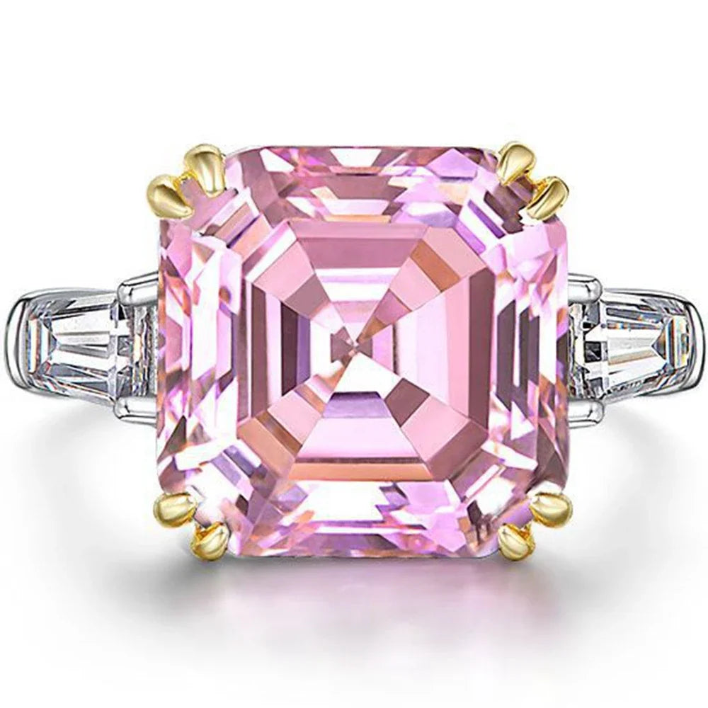 925 Sterling Silver  Asscher Cut 14CT Vivid Yellow/White/Pink Sapphire Created ZIRCON Diamonds Ring for  Gifts