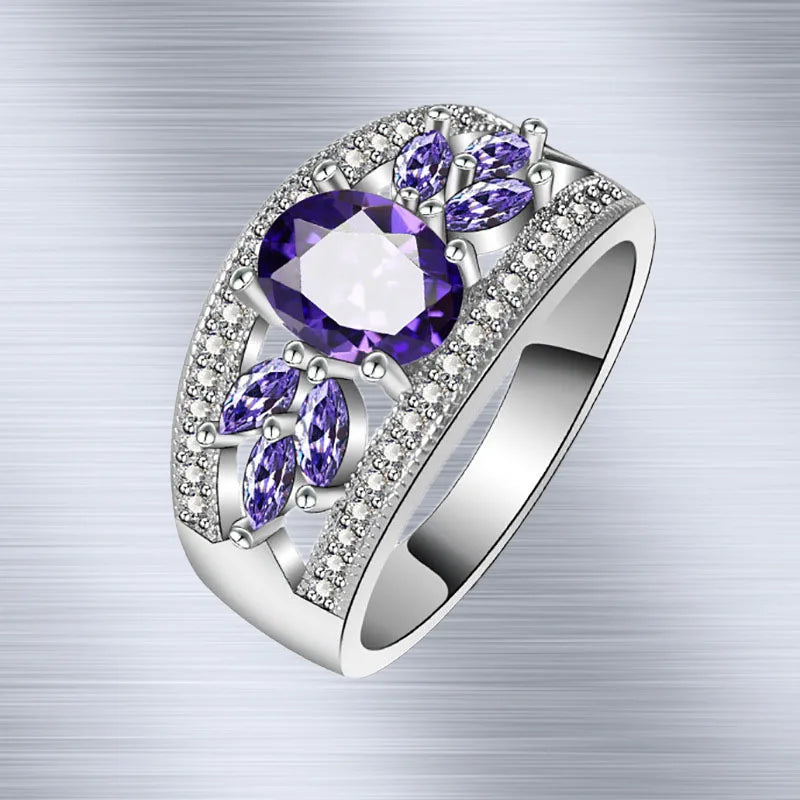 Fashion 925 Silver Color Female Rings Flower Shaped Amethyst Wedding Sterling Plata Ring for Women Girls Nice Gift for Birthday