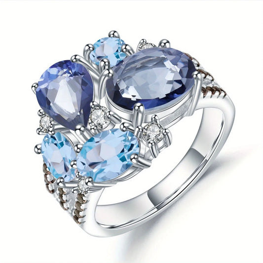 BRIOUS - Colored Gemstone Ring with Natural Topaz and Iolite, 925 Sterling Silver 18k Gold Plated Rings For Women