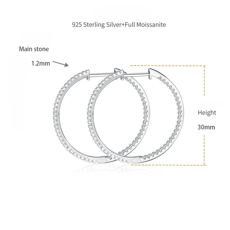 47/30mm Diameter Circle Earring, Full Circle Moissanite Hip Hop Earrings, 1.1mm Round Moissanite Luxury Earrings For Women