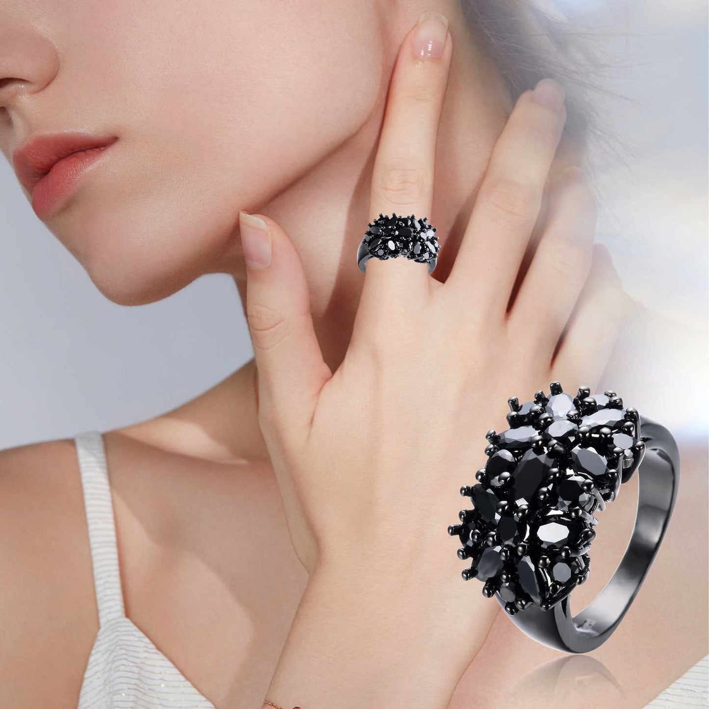 Black Fashion Flower Crystal Oval Ring Size 5 10 Jewelry Gift For Women Girl Birthday Valentine's Day Womens Fashion Rings