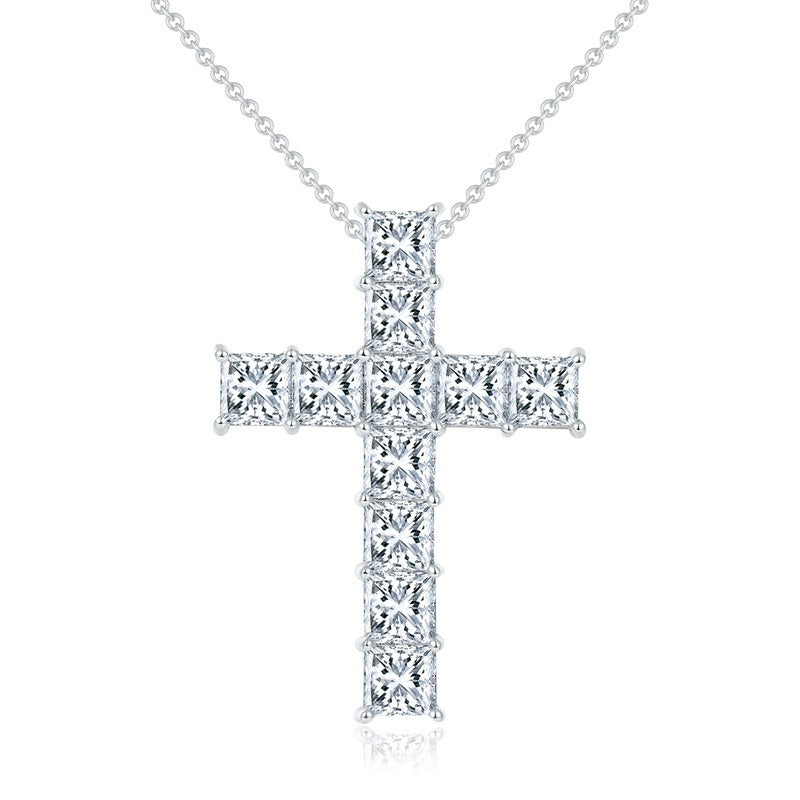 Princess-Cut 5x5mm Moissanite Cross Pendant Necklace, 925 Sterling Silver, 3 Colors Available, Elegant Religious Jewelry for Women and Men