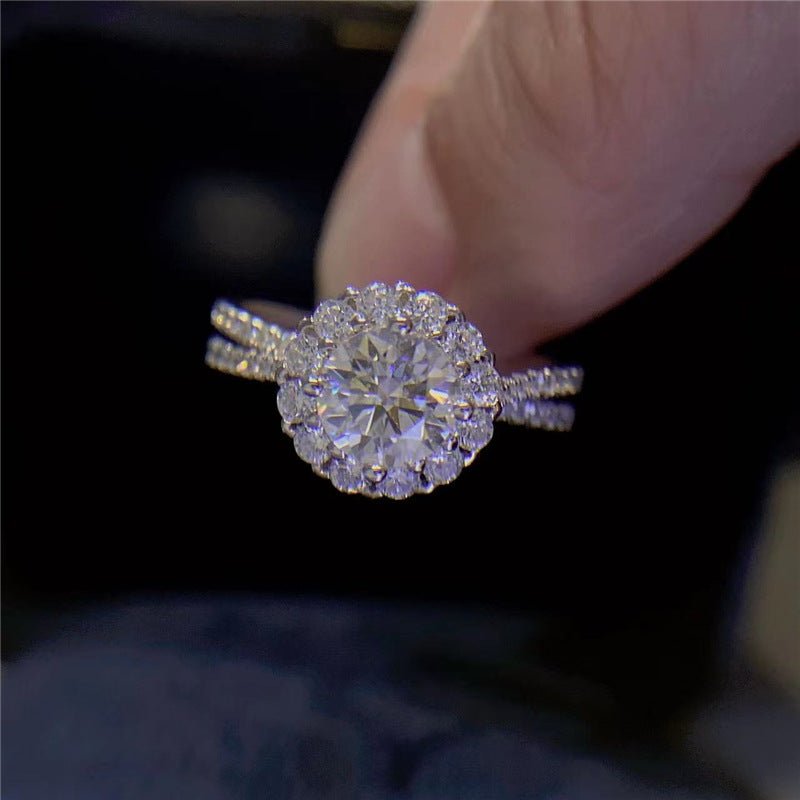 VVS Moissanite Halo Ring, Round Cut Floral Engagement Ring, Double Band Wedding Ring for Women, Sizes 8-19 – view 1