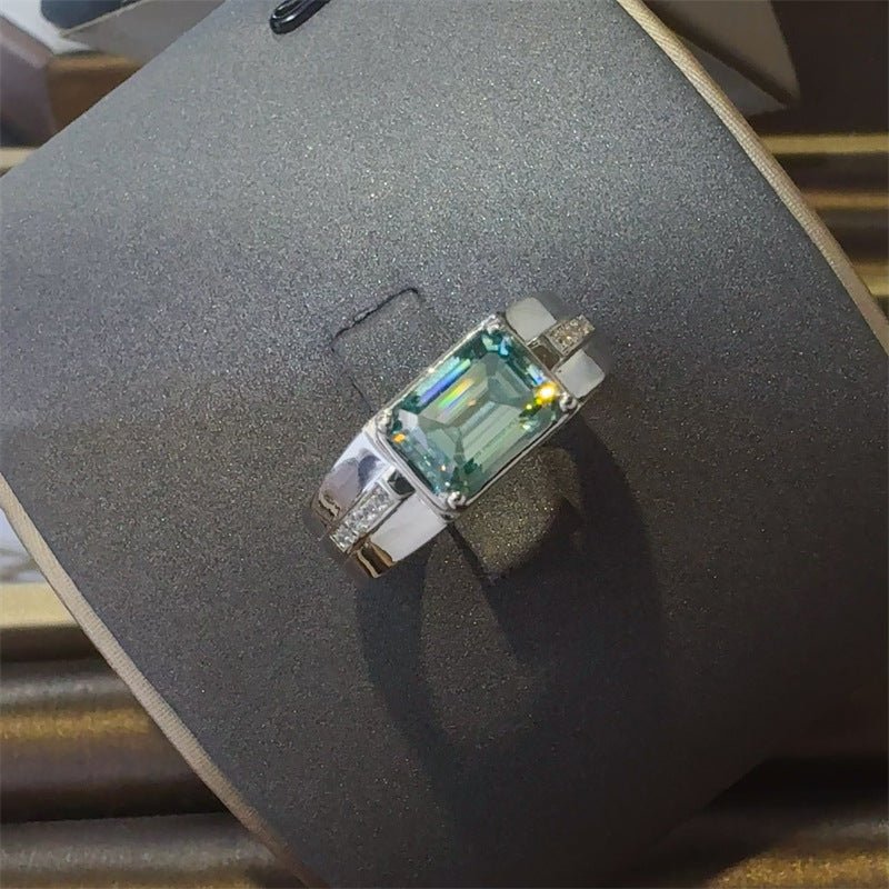 Emerald Cut Green Moissanite Ring, Geometric U-Shaped Engagement Ring, 1 Carat 2 Carat 3 Carat – view 1