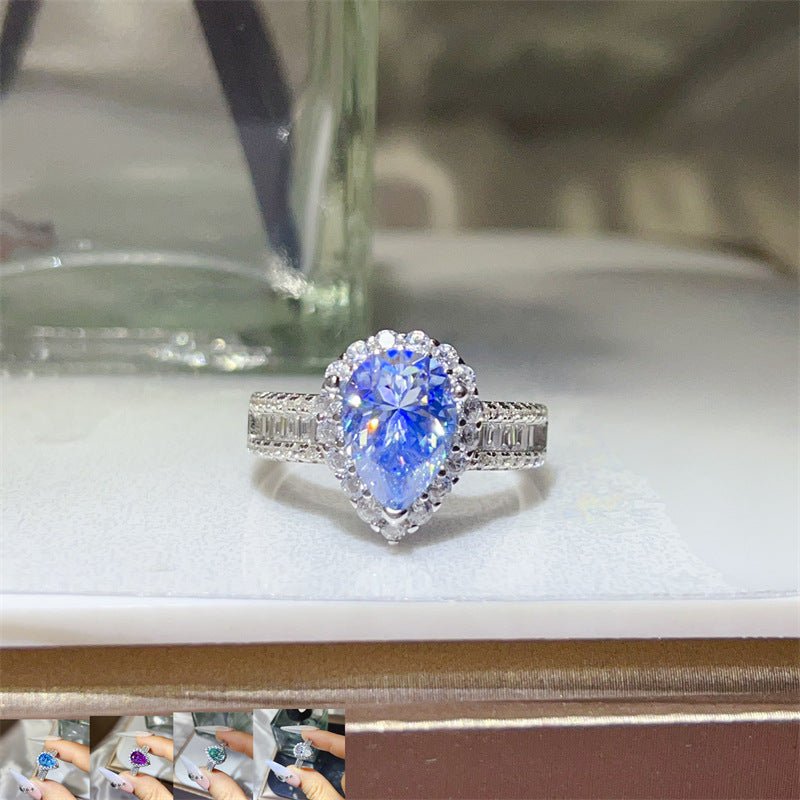 2 Carat Pear Cut Moissanite Halo Ring for Women, Colored Teardrop Engagement Ring with Baguette Band – view 1