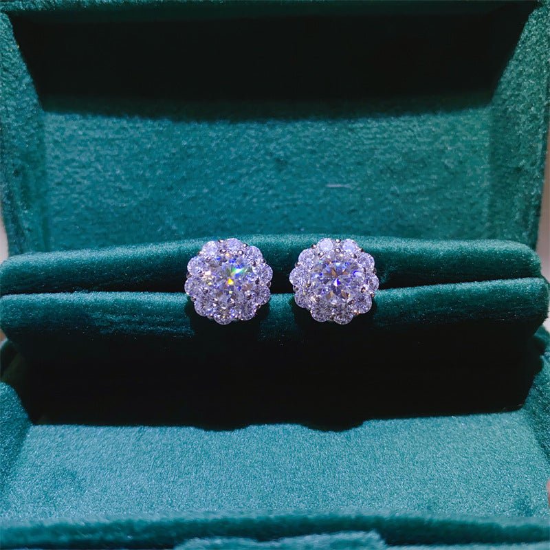 D Color Moissanite Flower Halo Stud Earrings for Women, Round Cluster Earrings, 1 Carat or 2 Carat Total – view 1