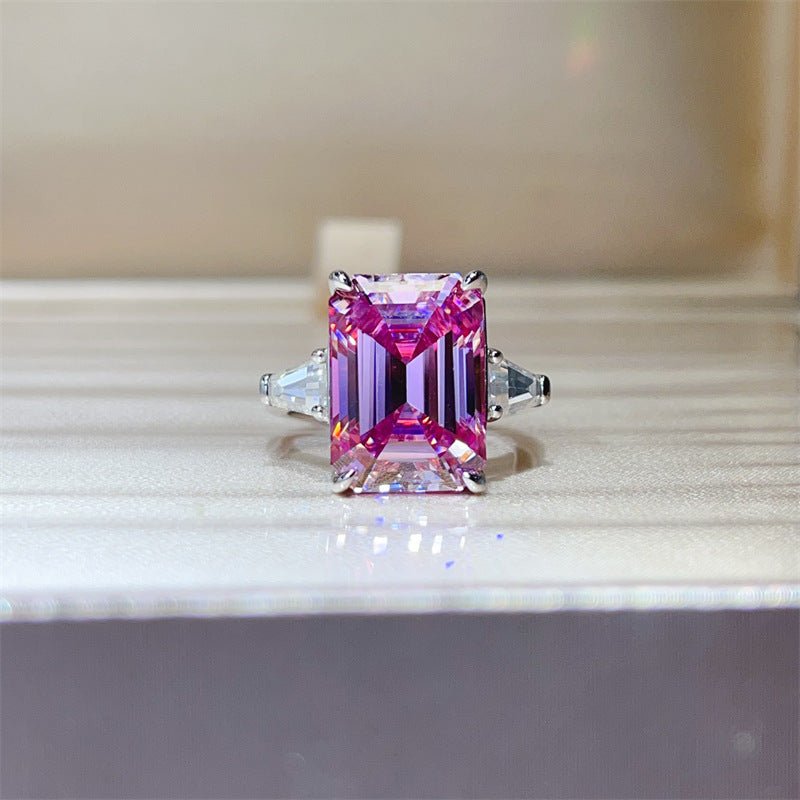 Pink Moissanite Ring for Women, Geometric Rectangle Engagement Ring with Side Stones – view 1