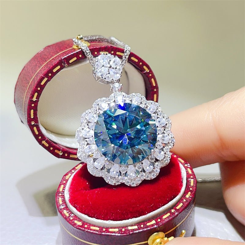 Blue Moissanite Teardrop Halo Pendant, 10 Carat Style Iced Out Pendant – view 1
