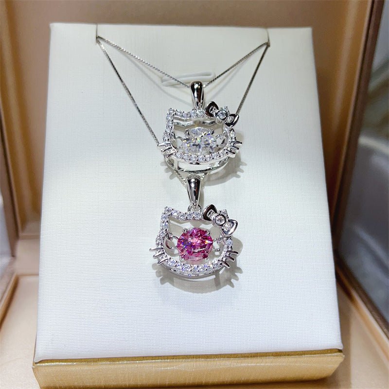 Cat Face Moissanite Pendant Necklace for Women, Bow Outline Clavicle Chain, White or Pink Stone Options – view 1