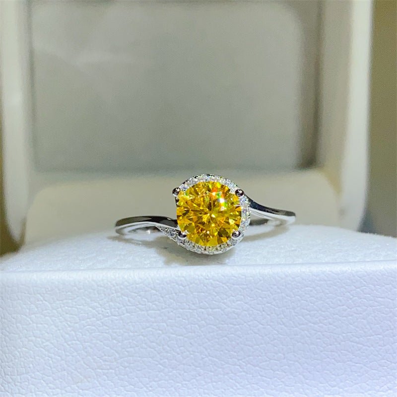 Yellow 1 Carat Round Halo Ring - Geometric U-Shaped Band in Sizes 9-20 – view 1