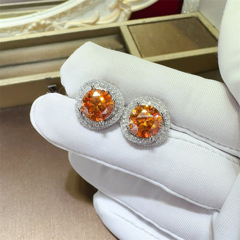 Orange Round Halo Moissanite Stud Earrings - 6 Carat Look, Silver Tone – view 1