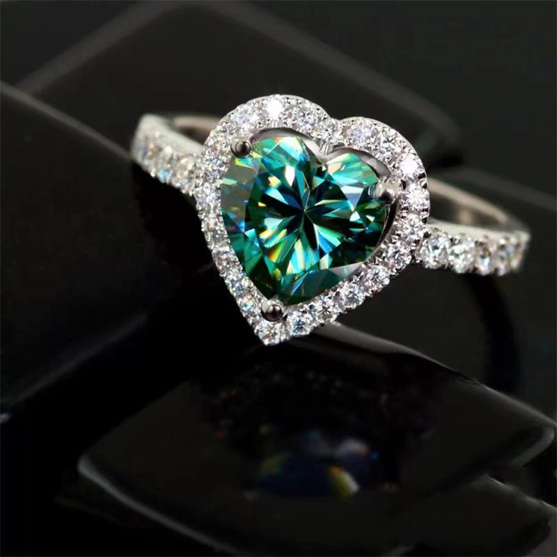 Green Heart Moissanite Halo Ring for Women, 1 Carat or 2 Carat Engagement Ring, Au750 White Gold Color – view 1
