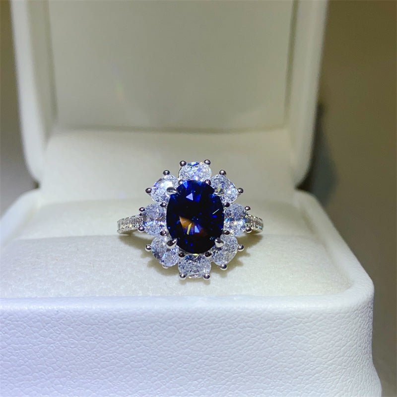 Blue Moissanite Halo Ring for Women, Oval Statement Engagement Ring, Promise Ring Gift – view 1