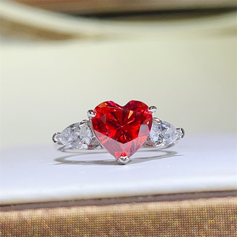Red Heart Moissanite Ring for Women, Three-Stone Heart Cut Engagement Ring, 1 Carat 2 Carat 3 Carat Promise Ring – view 1