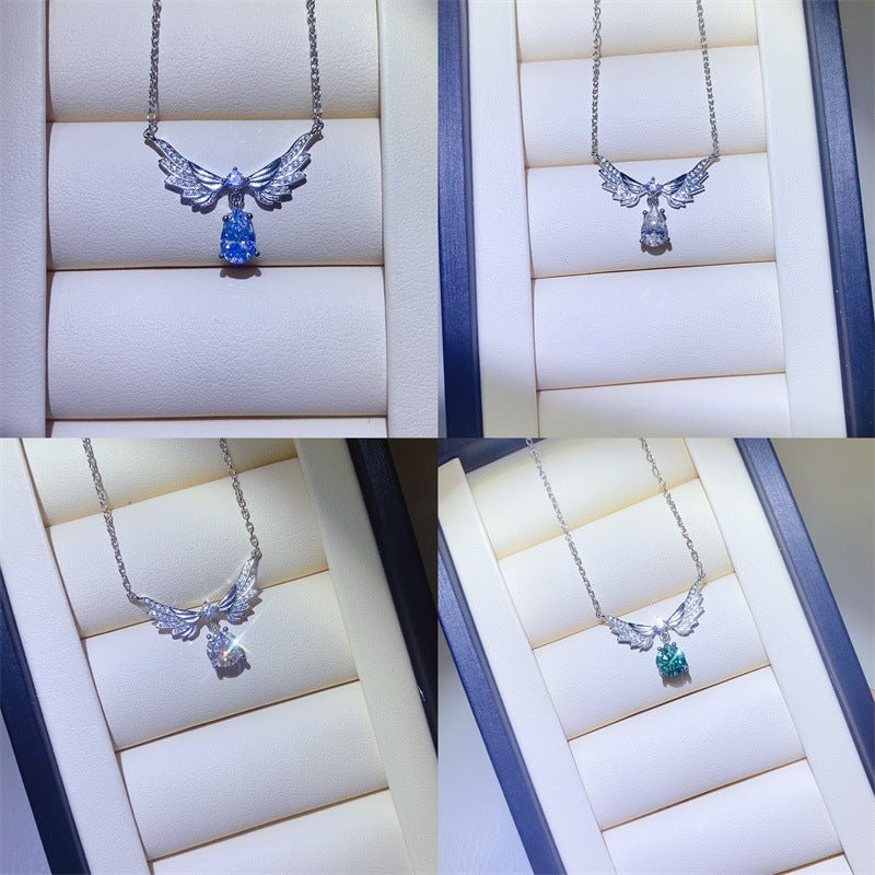 VVS Moissanite Angel Wing Pendant Necklace with 1 Carat Drop Stone – view 1