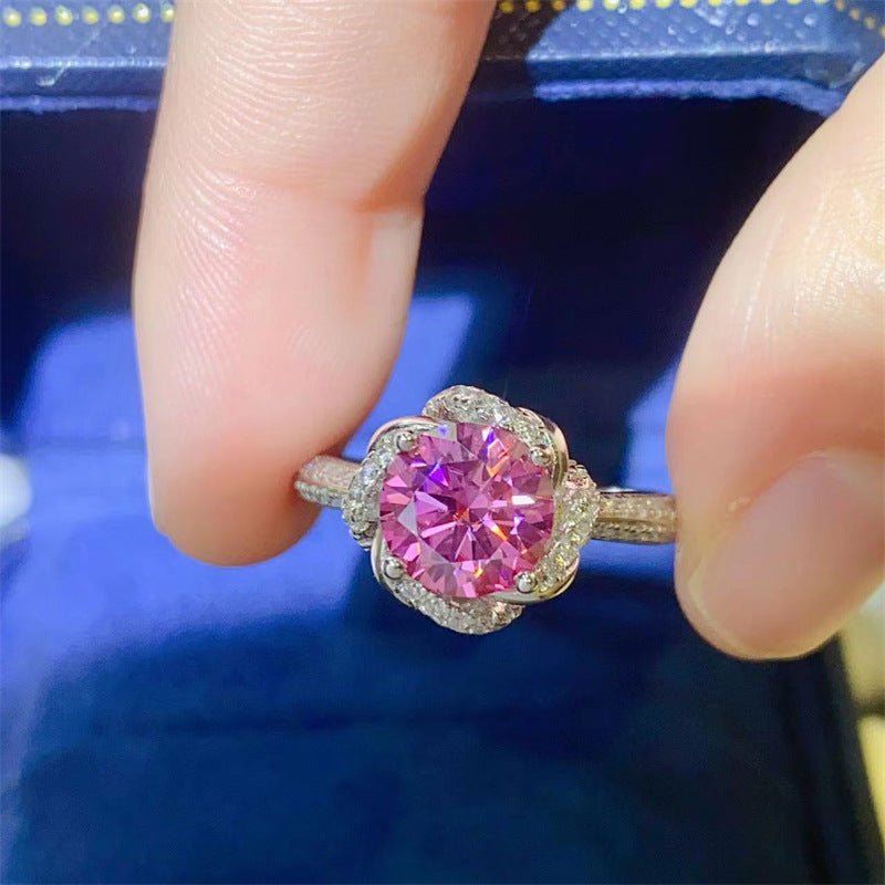 Pink Moissanite Halo Ring for Women, Floral U-Shape Engagement Promise Ring, 1 Carat or 2 Carat – view 1