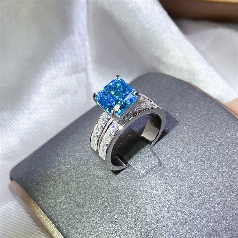 Blue Moissanite Ring with Wide Double Band Statement Ring – view 1