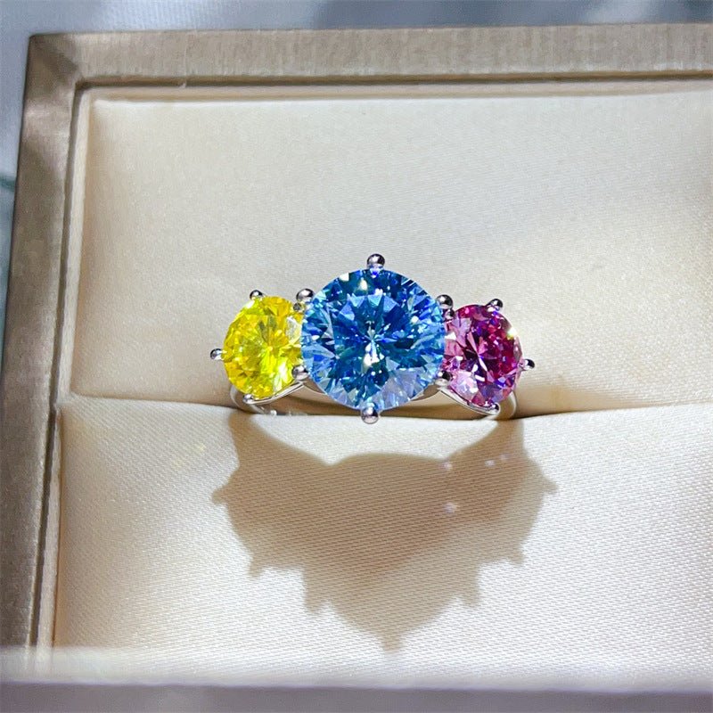 5 Carat Multicolor Three-Stone Moissanite Ring for Women, Blue Center with Pink and Yellow Side Stones – view 1
